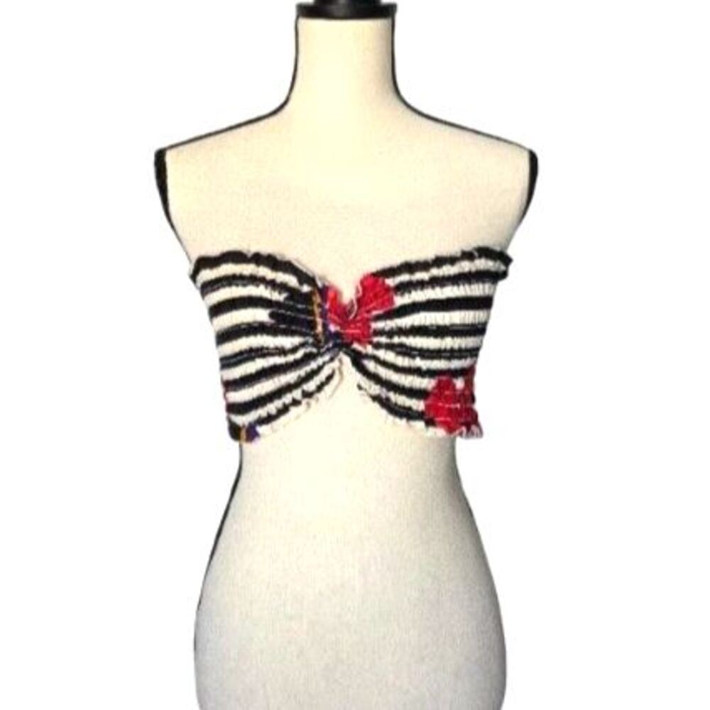 Vintage Sakowitz Smocked Tube Top Women Strapless Floral Striped Bandeau